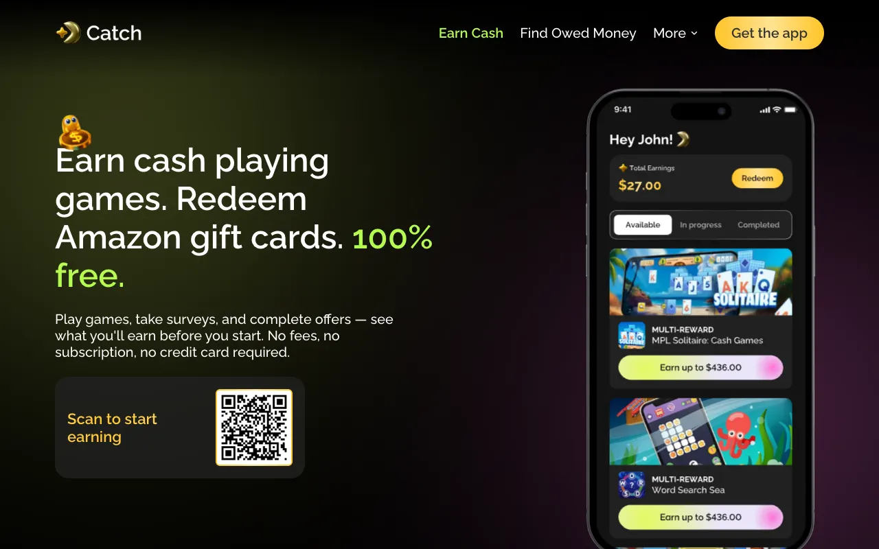 Catch homepage promising to earn cash playing games and redeem Amazon gift cards, with a phone mockup