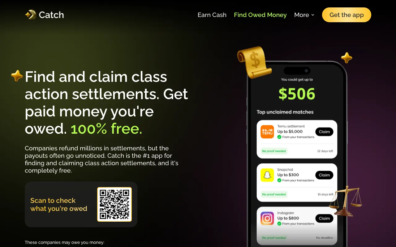 Catch Find Owed Money page showing sample settlement matches with no-proof tags and days left