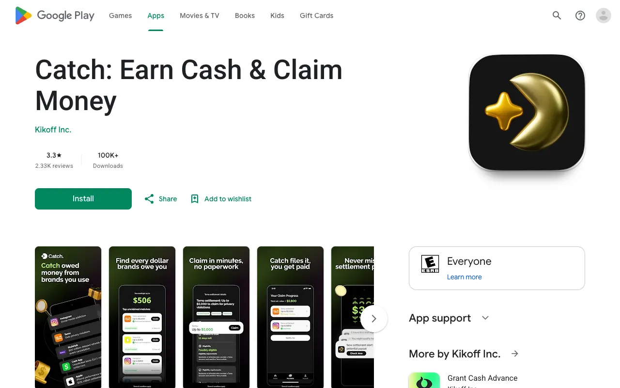 Catch Google Play listing showing 3.3 stars from 2.33K reviews and 100K+ downloads, developer Kikoff Inc.