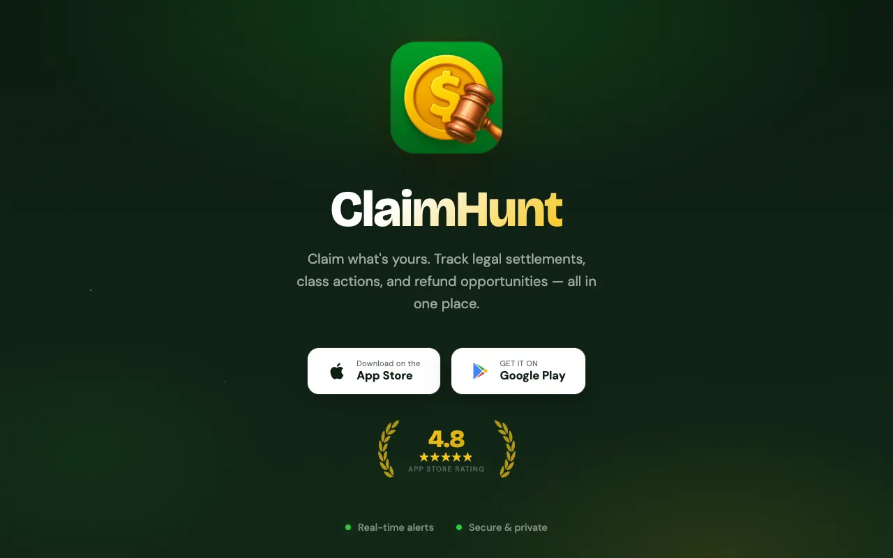 ClaimHunt homepage with App Store and Google Play download buttons and a 4.8 App Store rating badge