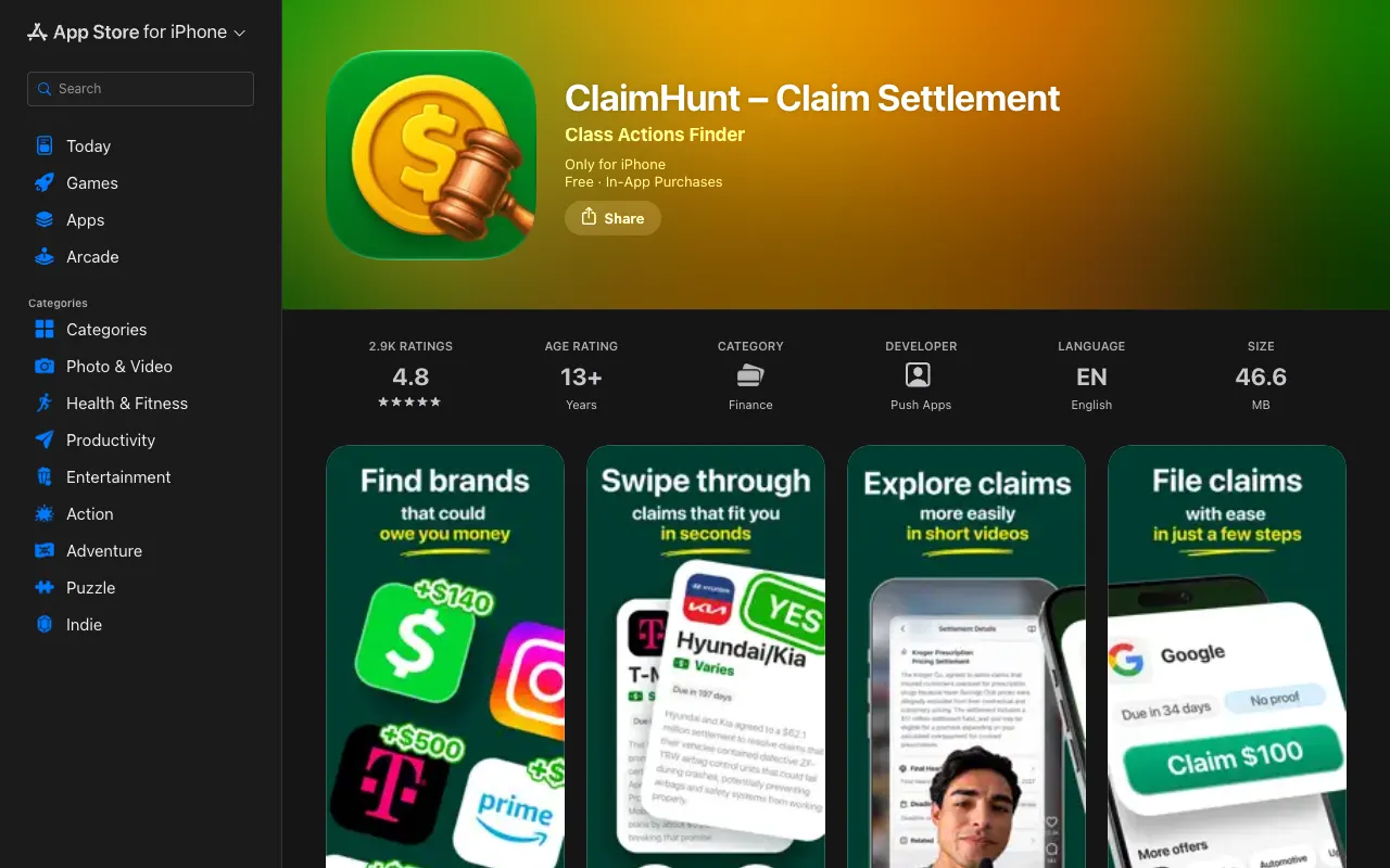 ClaimHunt App Store listing showing a 4.8 rating from 2.9K ratings, free with in-app purchases, Finance category