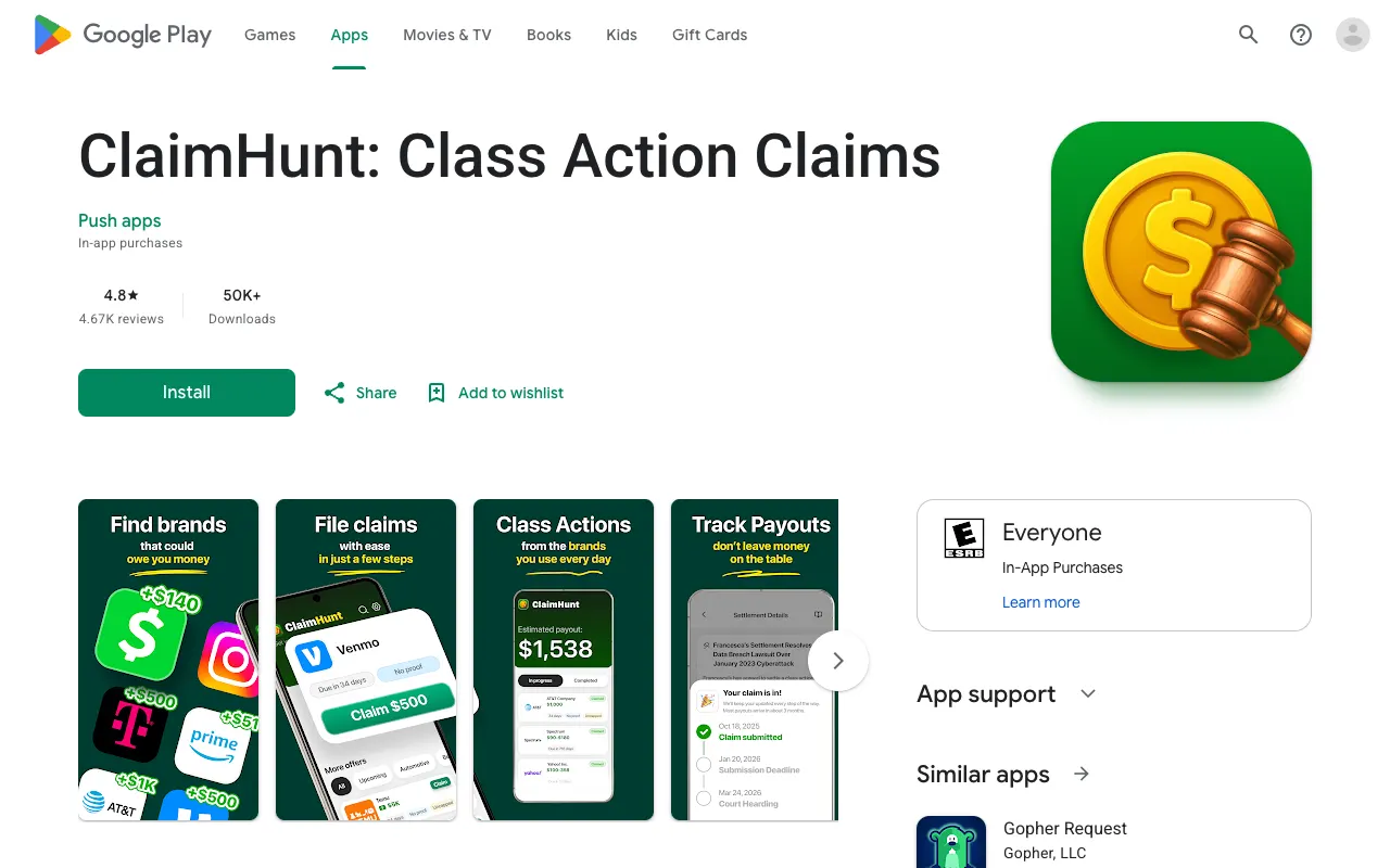 ClaimHunt Google Play listing showing 4.8 stars, 4.67K reviews and 50K+ downloads