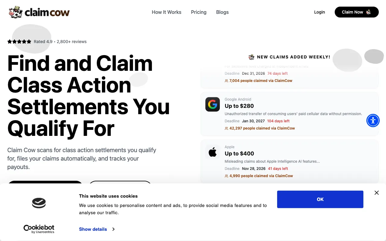 Claim Cow homepage headed Find and Claim Class Action Settlements You Qualify For, with a 4.9 rating badge and example settlement cards