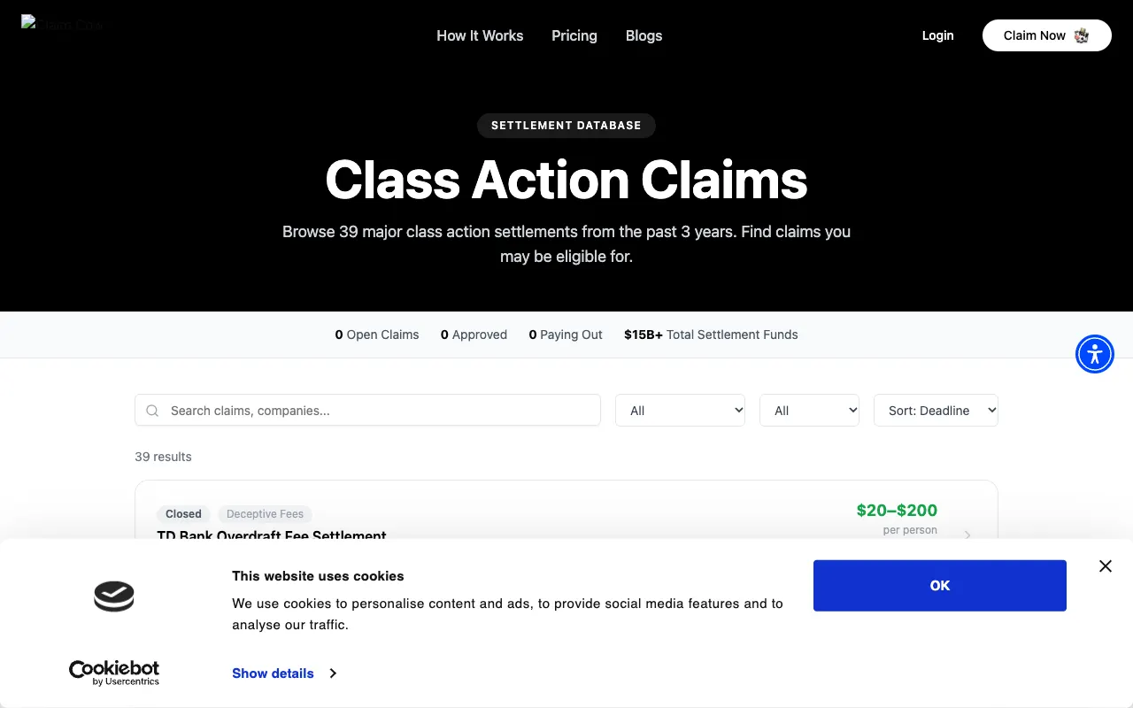 Claim Cow Settlement Database page showing 39 results, with 0 open claims, 0 approved and 0 paying out, and a closed TD Bank settlement at the top