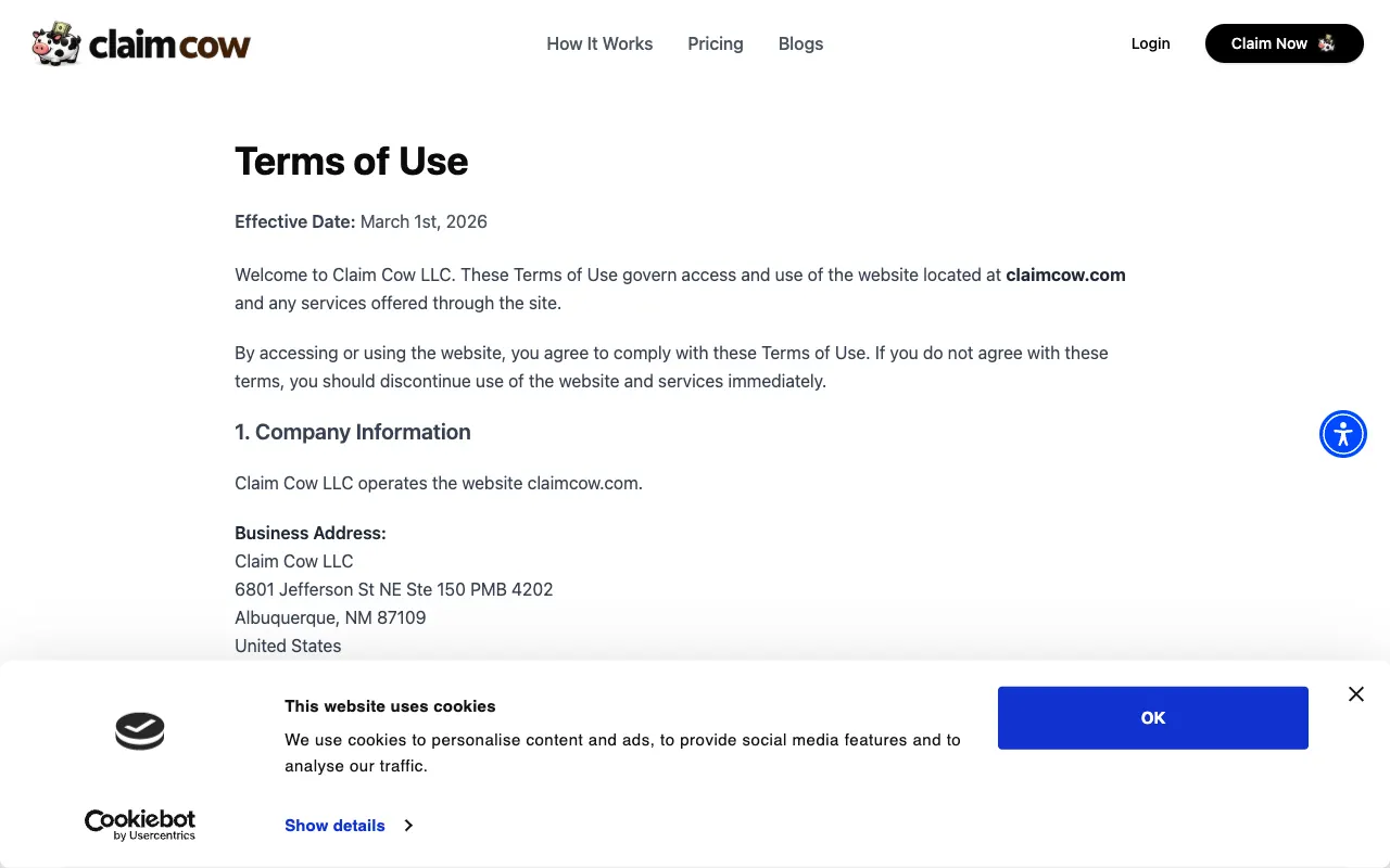 Claim Cow Terms of Use page with an effective date of March 1, 2026 and a business address in Albuquerque, New Mexico
