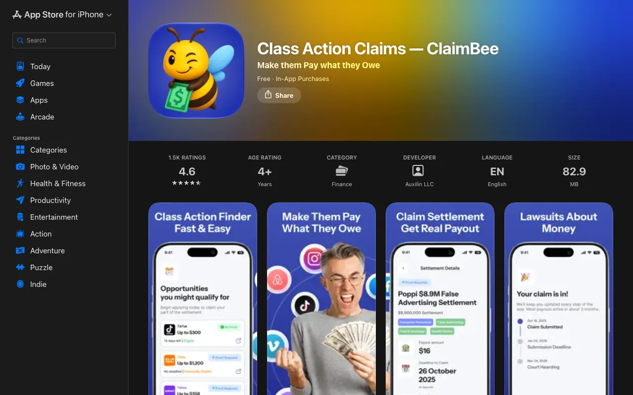 ClaimBee App Store listing: Class Action Claims, free with in-app purchases, 4.6 from 1.5K ratings, developer Auxilin LLC, Finance category