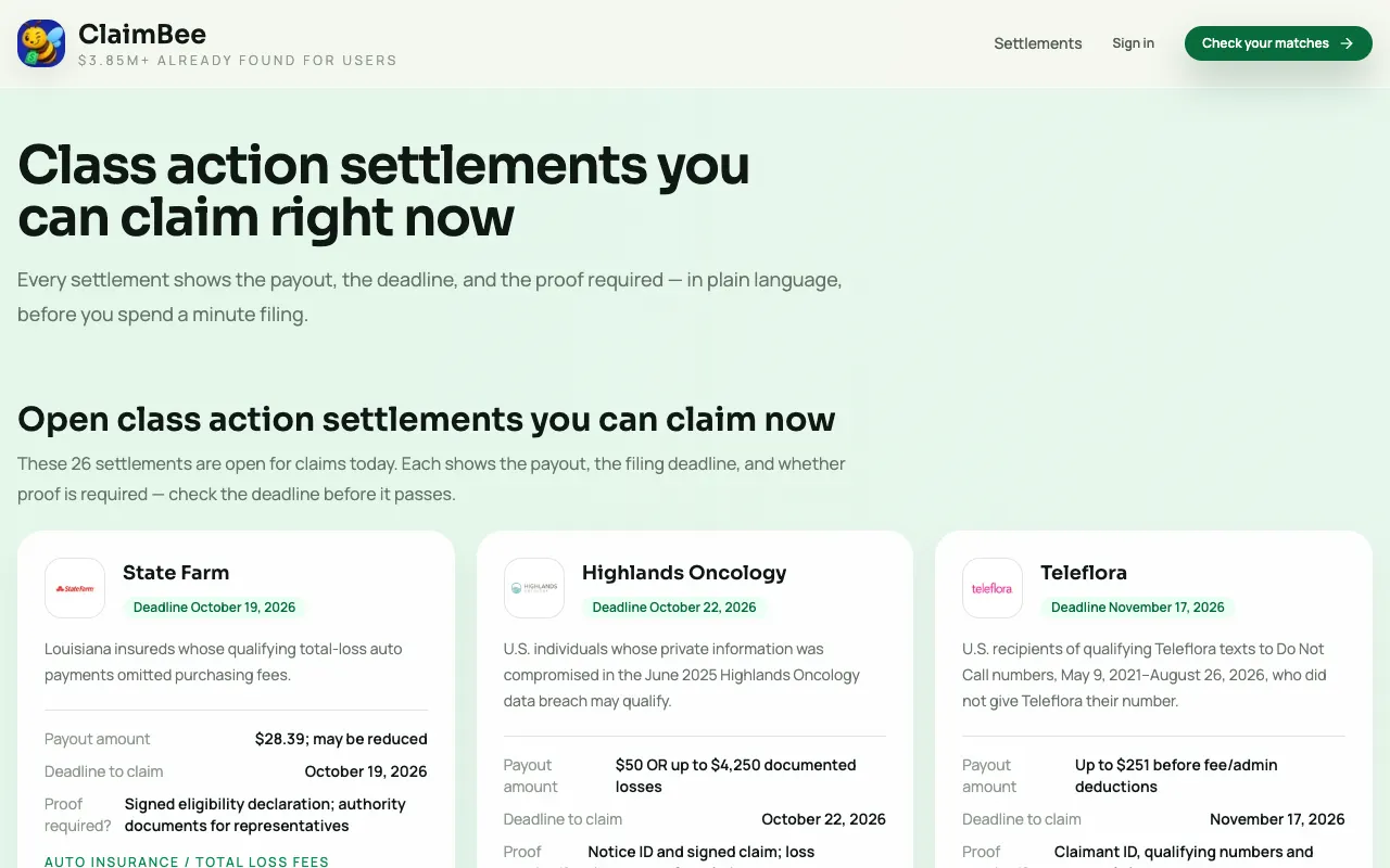 ClaimBee settlements page saying 26 settlements are open for claims today, with State Farm, Highlands Oncology and Teleflora cards showing payouts and deadlines