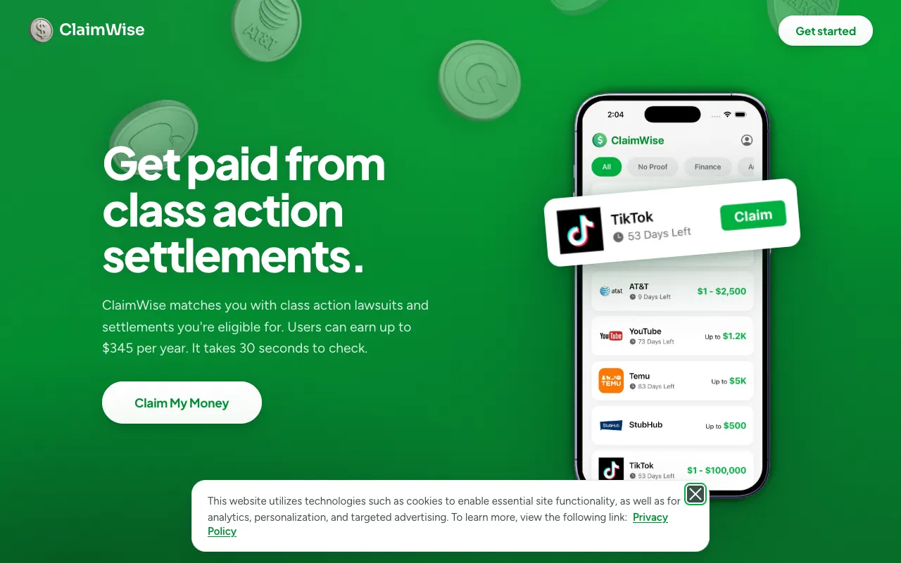 ClaimWise homepage headline promising payouts from class action settlements, beside a phone mockup of settlement cards