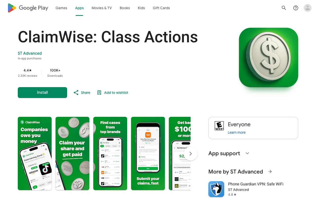 ClaimWise Google Play listing showing developer ST Advanced, 4.4 stars from 2.33K reviews and 100K+ downloads