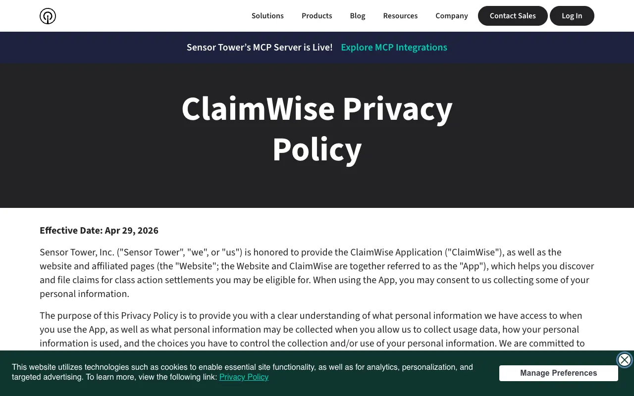 ClaimWise Privacy Policy page on sensortower.com, effective April 29, 2026, naming Sensor Tower, Inc. as the provider of the app