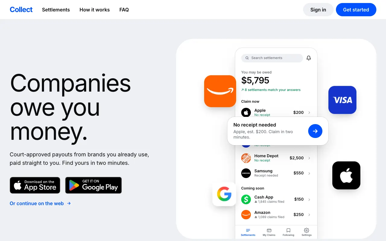 Collect homepage with the headline Companies owe you money beside a phone mockup of settlement matches