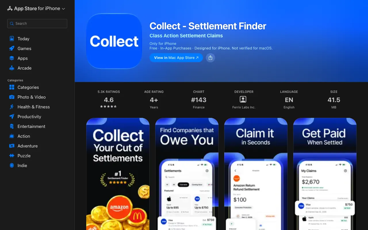 Collect - Settlement Finder App Store listing showing Free with In-App Purchases, 4.6 from 5.3K ratings and developer Ferrix Labs Inc.