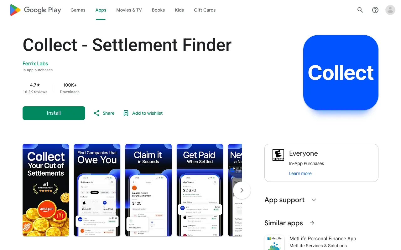 Collect - Settlement Finder Google Play listing showing developer Ferrix Labs, 4.7 stars from 16.2K reviews and 100K+ downloads