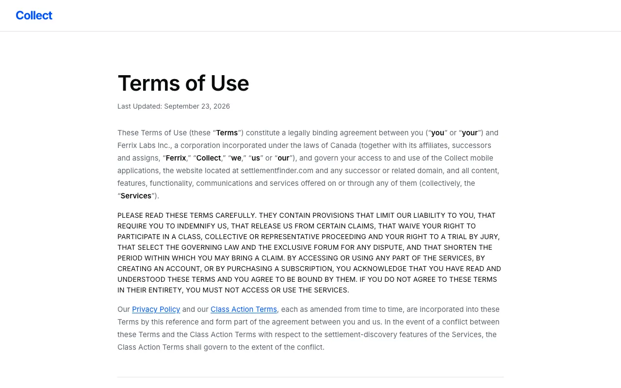 Collect Terms of Use page, last updated September 23, 2026, naming Ferrix Labs Inc. as a corporation incorporated under the laws of Canada
