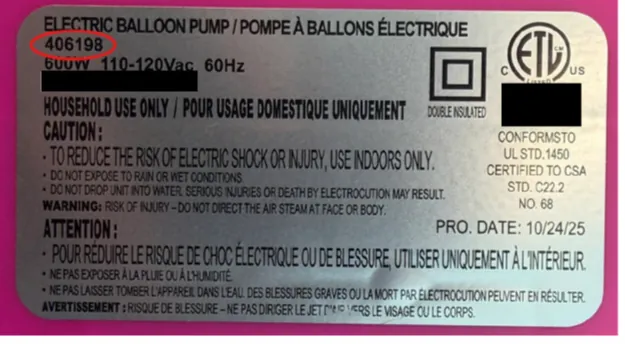 Silver rating label on bottom of the product showing model number (406198)