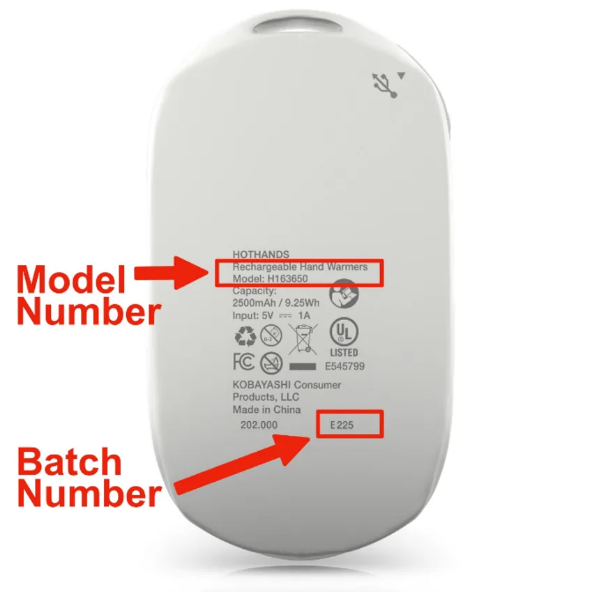 Model number "H163650" and the batch number are printed on the underside of the recalled HotHands rechargeable hand warmers