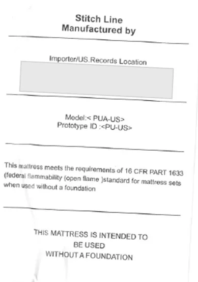 Sewn-in white label on one side of the recalled Kesyup mattress